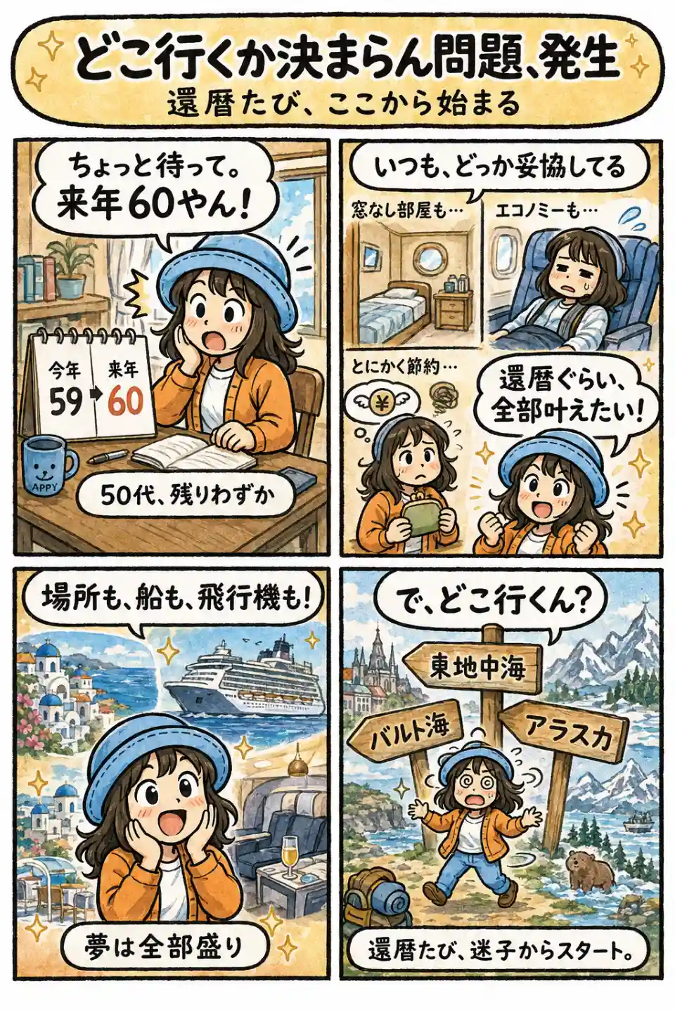 還暦を前に、窓なし客室やエコノミーで節約してきた旅を見直し、東地中海・バルト海・アラスカから次の行き先に迷うAppyの4コマ漫画