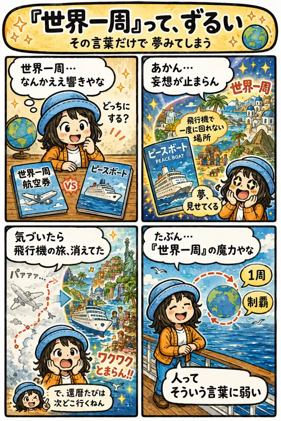 世界一周航空券とピースボートを比べ、「世界一周」という言葉に夢を見せられ、飛行機の旅が消えていくAppyの4コマ漫画