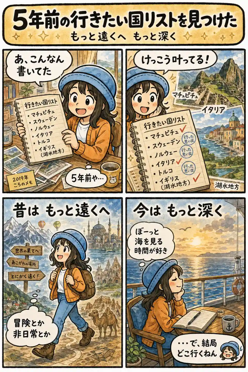5年前の行きたい国リストを見返し、昔の「もっと遠くへ」から今の「もっと深く」へ旅の好みが変わったAppyを描いた4コマ漫画