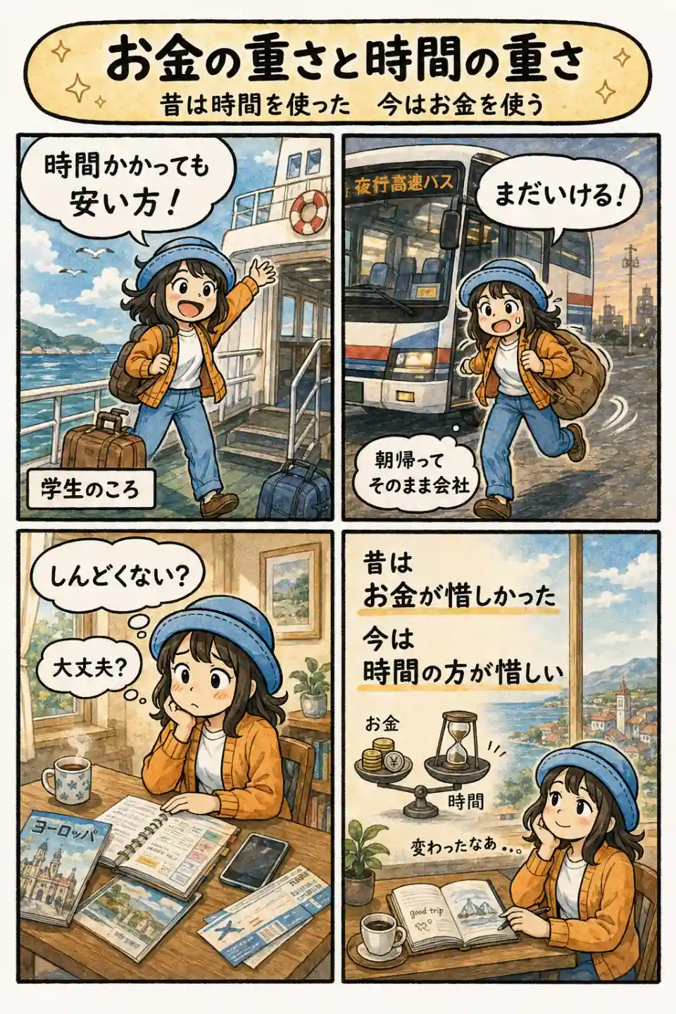 若いころは安さ優先で旅していたAppyが、今はお金より時間の大切さを感じるようになった変化を描いた4コマ漫画