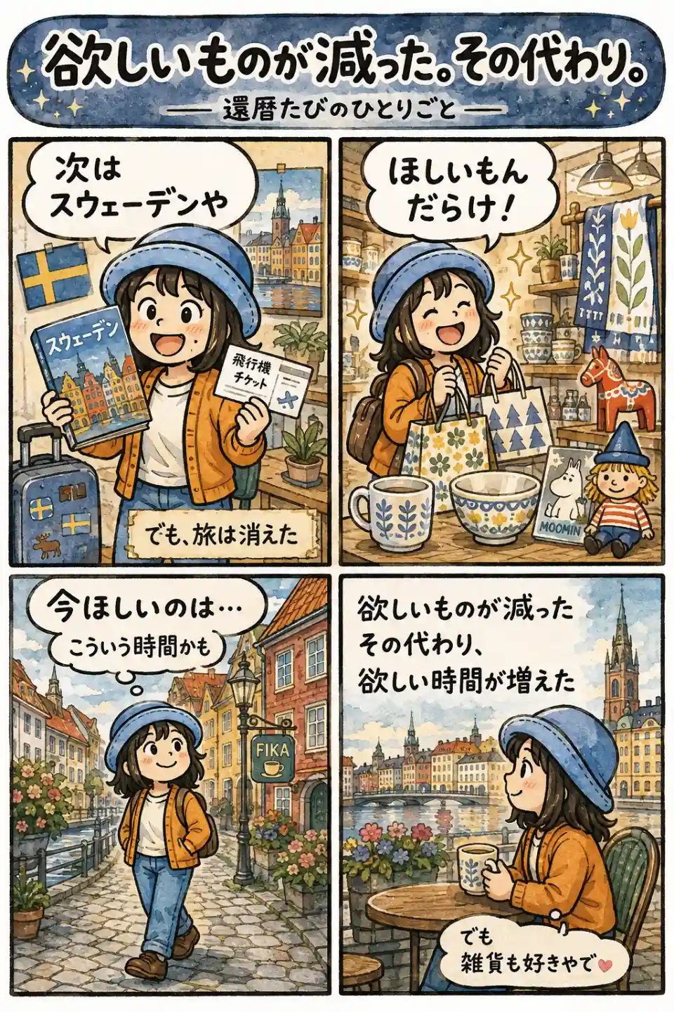 スウェーデン旅行と北欧雑貨に憧れながら、欲しい物は減り、旅先でゆっくり過ごす時間を求めるようになったAppyを描いた4コマ漫画