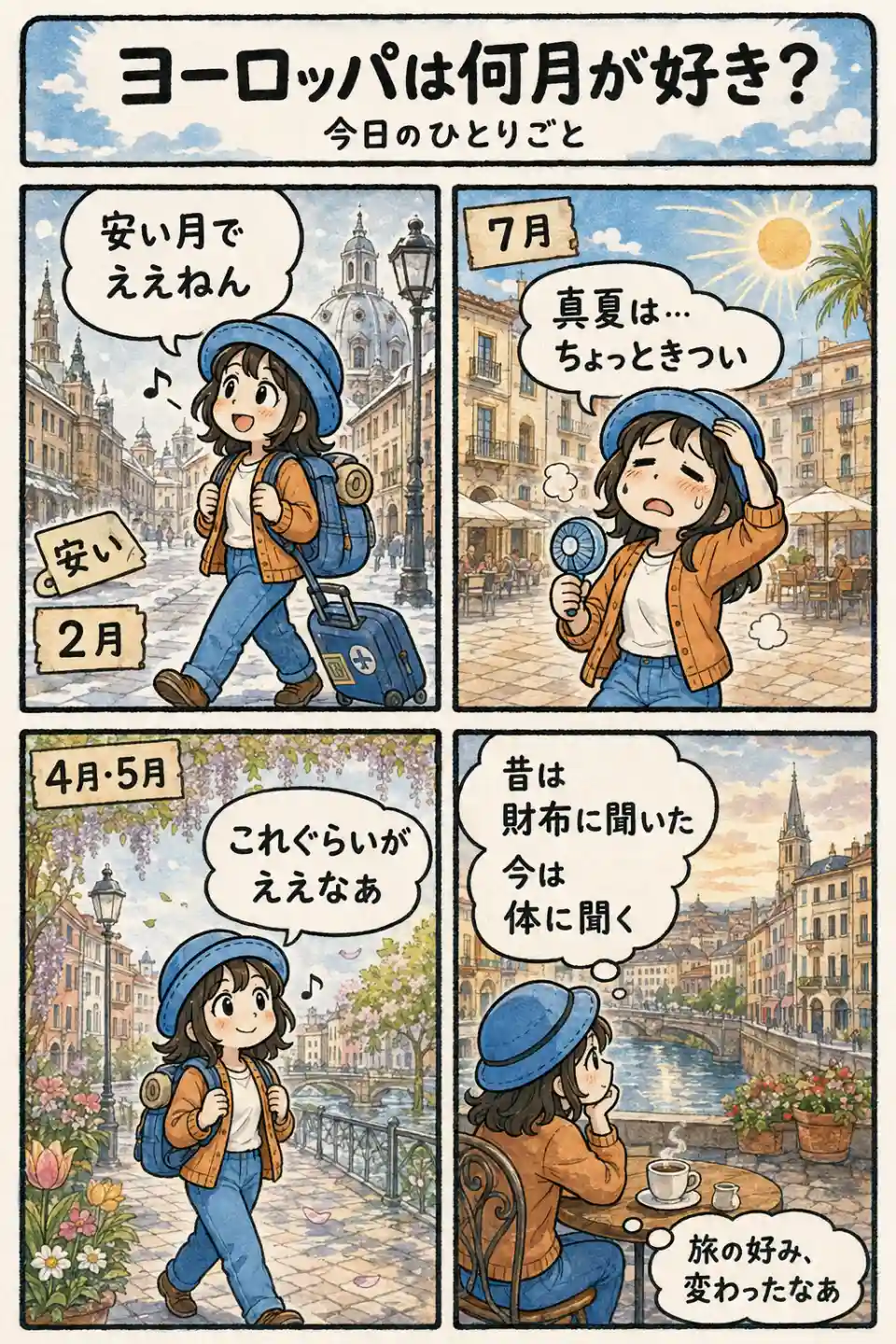 ヨーロッパ旅行の時期について、安い2月、暑い7月、過ごしやすい4月・5月を比べ、昔は財布、今は体に聞いて選ぶAppyを描いた4コマ漫画