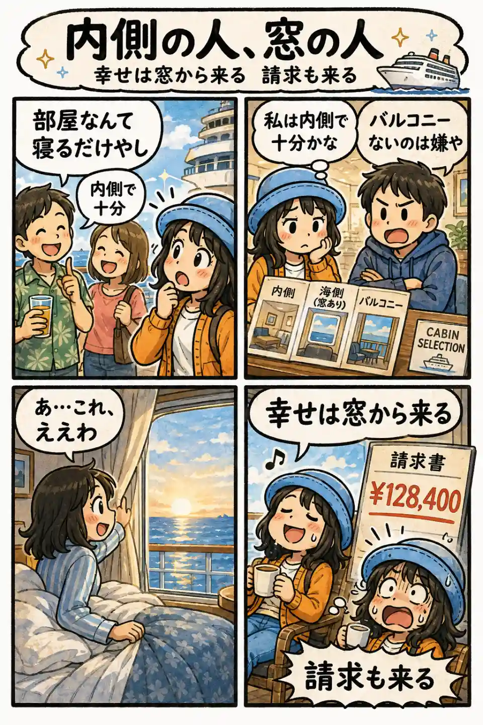 クルーズの内側客室で十分だと思っていたAppyが、窓から見える海の景色の良さを知り、追加料金の請求に驚く4コマ漫画