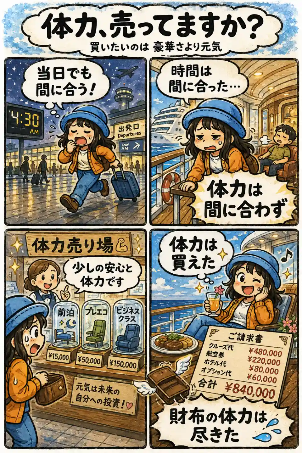 早朝便で当日移動したものの船に着くころには疲れ果て、前泊やプレミアムエコノミーで体力を買う大切さに気づくAppyを描いた4コマ漫画