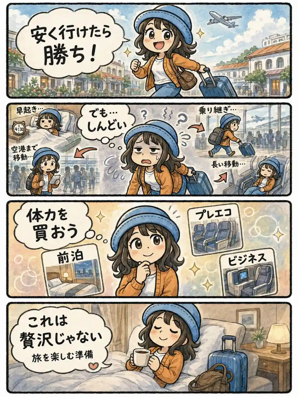 早朝出発や空港移動、乗り継ぎで疲れ切ったAppyが、前泊やプレミアムエコノミー、ビジネスクラスで体力を買おうと考える4コマ漫画