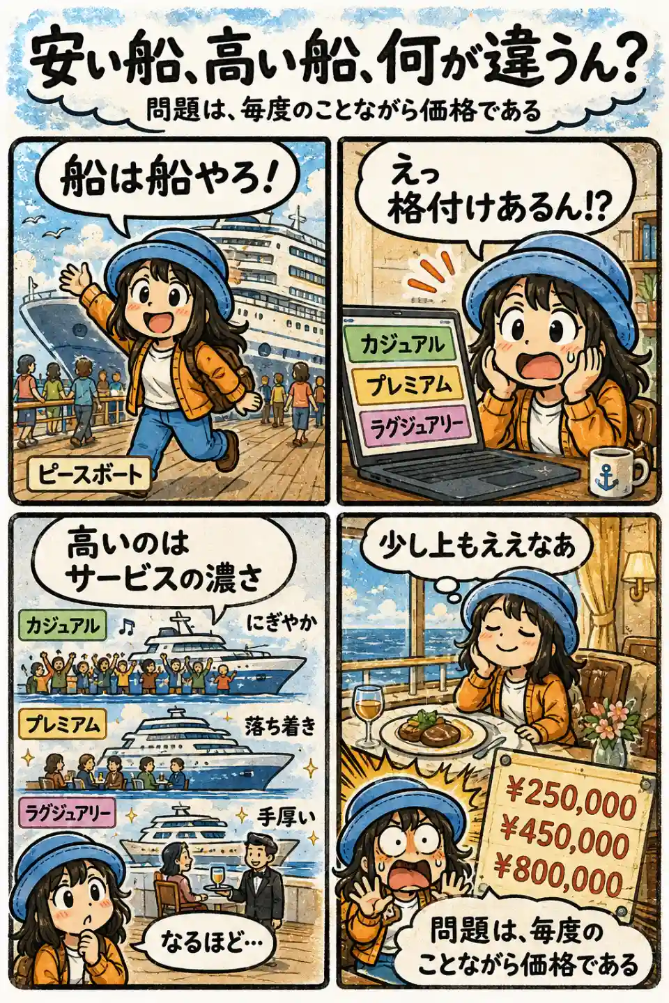 ピースボートをきっかけに、カジュアル・プレミアム・ラグジュアリーの違いや価格差に気づき、クルーズ選びの難しさを感じるAppyを描いた4コマ漫画