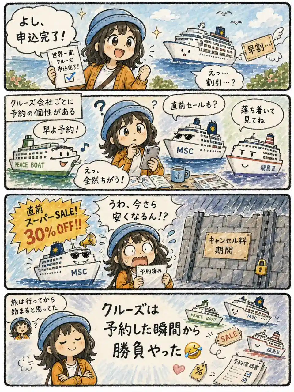 クルーズ会社ごとの予約タイミングの違いに戸惑い、早割や直前セール、キャンセル料期間を見ながら予約の難しさに気づくAppyを描いた4コマ漫画