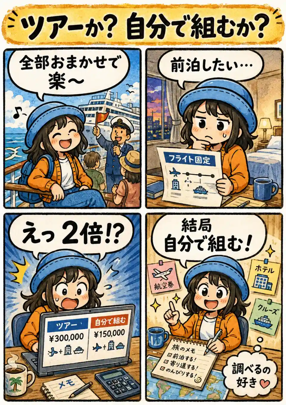 クルーズ旅行をツアーにするか自分で組むか悩み、前泊や費用を比べた結果、自分で手配する方を選ぶAppyを描いた4コマ漫画