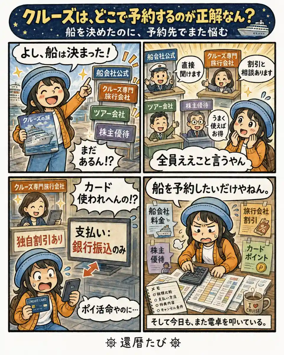 船は決まったのに、船会社公式やクルーズ専門旅行会社、ツアー会社、株主優待など予約先の多さに悩み、支払い方法やカードポイントまで比較するAppyを描いた4コマ漫画