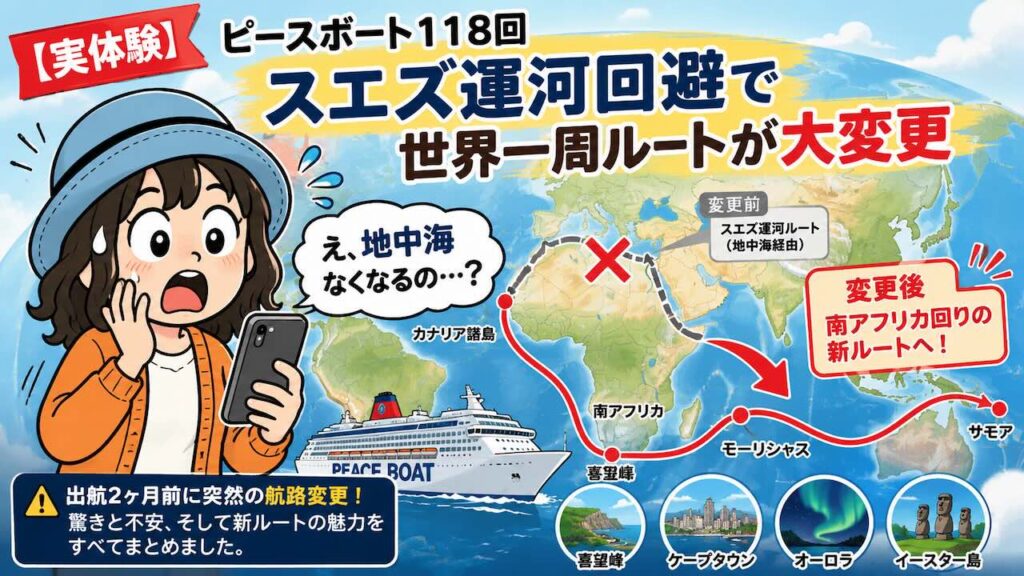 スエズ運河回避によるピースボート118回クルーズの航路変更に驚くAppyのイラスト