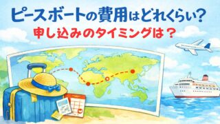 ピースボートの費用と申し込みの考え方を解説するイラスト｜スーツケースと航路図