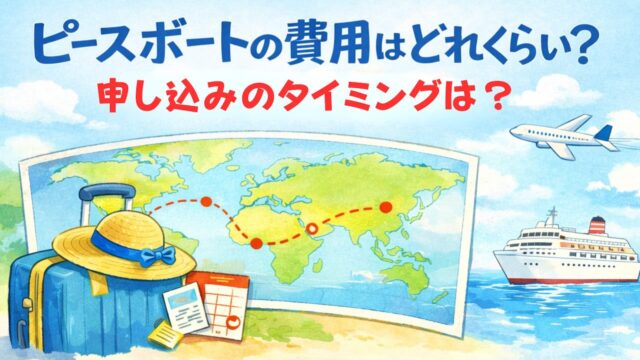 ピースボートの費用と申し込みの考え方を解説するイラスト｜スーツケースと航路図