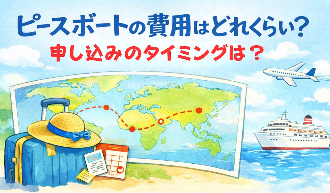 ピースボートの費用と申し込みの考え方を解説するイラスト｜スーツケースと航路図
