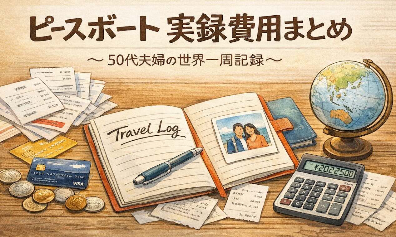 ピースボート世界一周の実録費用をまとめた旅ログ風イラスト|電卓と記録帳