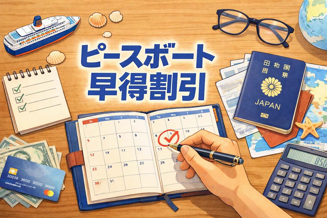 ピースボート早得割引の締切を手帳で確認するイラスト|カレンダーと旅の準備用品