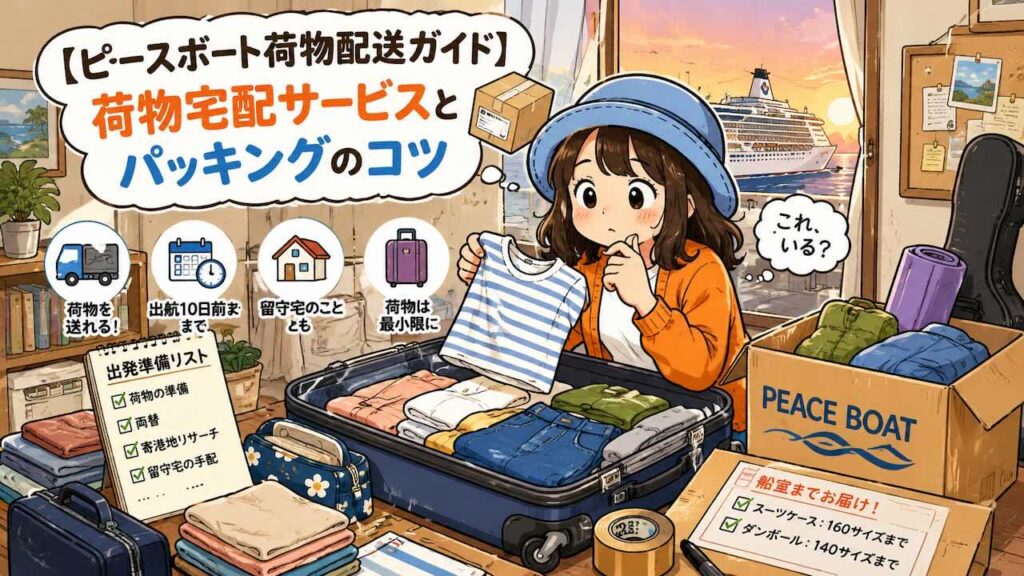 ピースボートの荷物配送サービスと長期クルーズのパッキングをイメージしたイラスト
