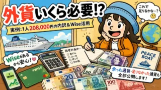 ピースボート乗船前に外貨両替を準備するAppyのイラスト。Wiseカードや米ドル・ユーロを前に、世界一周クルーズのお金準備に悩む様子を描いたアイキャッチ画像