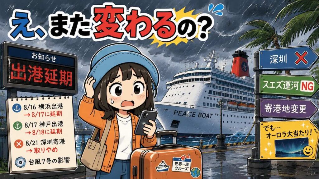 台風による出港延期や寄港地変更に戸惑うAppyとピースボート118回クルーズのイメージイラスト
