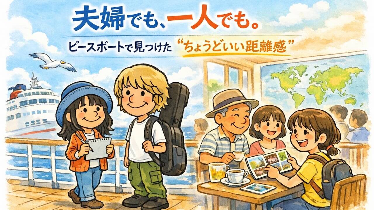 ピースボート世界一周で夫婦参加と一人参加それぞれの過ごし方と、ちょうどいい距離感を描いたイラスト