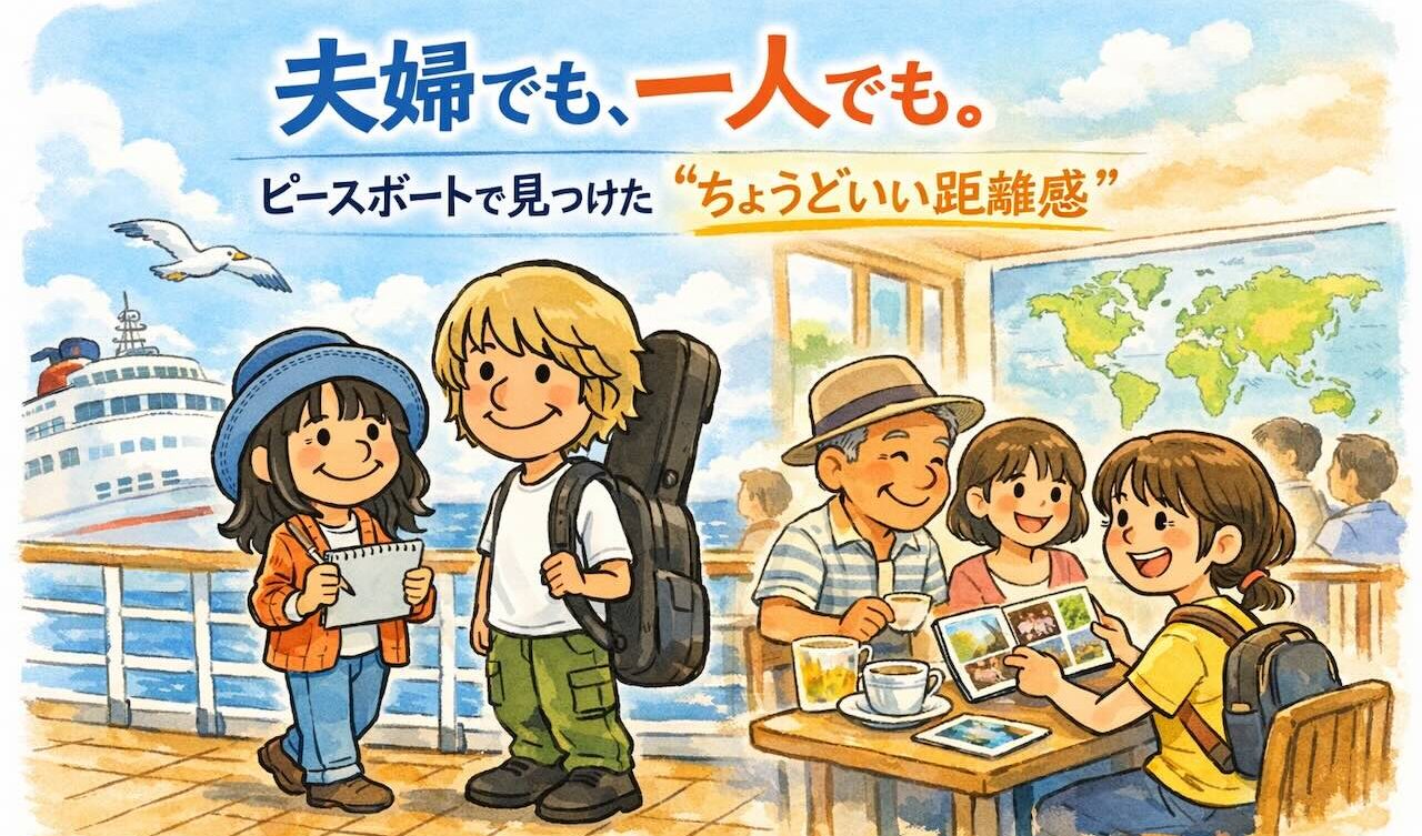ピースボート世界一周で夫婦参加と一人参加それぞれの過ごし方と、ちょうどいい距離感を描いたイラスト