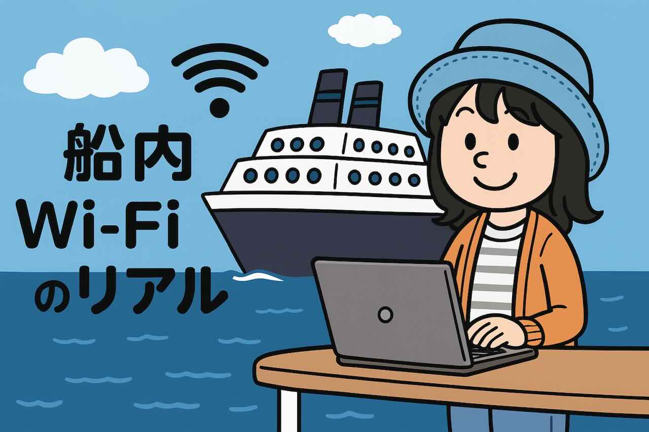 ピースボートの船内でWi-Fi接続に挑戦する旅人Appyのイラスト。スターリンクWi-Fiやスマホ設定を解説するガイド記事のイメージ。