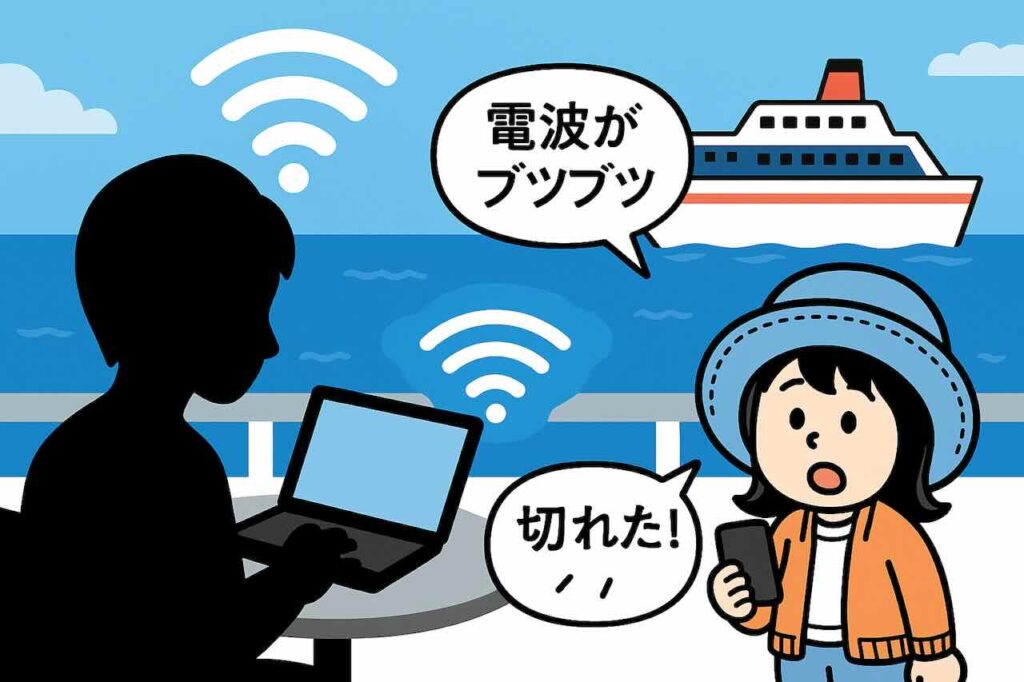 ピースボートWi-Fiとリモートワークをテーマにした横長イラスト。海と船を背景に、Appyがスマホを手に「つながる？」と首をかしげ、PC利用者が「切れた！」と嘆いている場面。