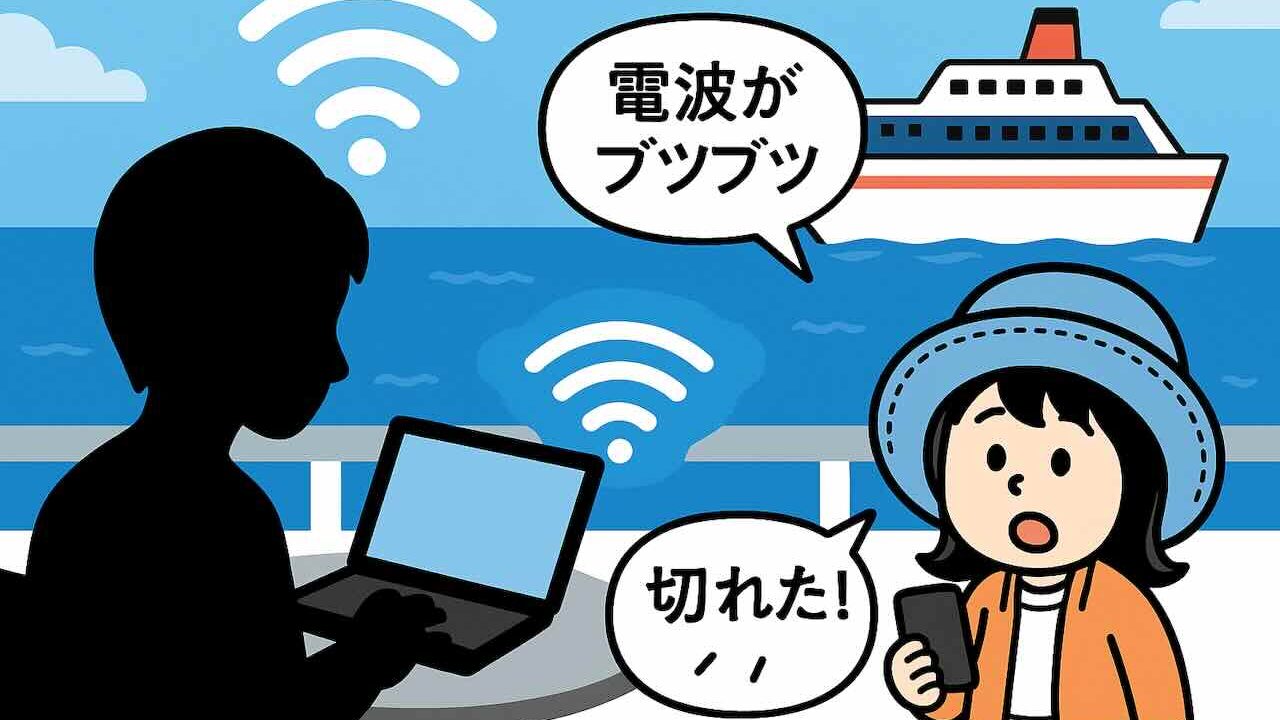 ピースボートWi-Fiとリモートワークをテーマにした横長イラスト。海と船を背景に、Appyがスマホを手に「つながる？」と首をかしげ、PC利用者が「切れた！」と嘆いている場面。
