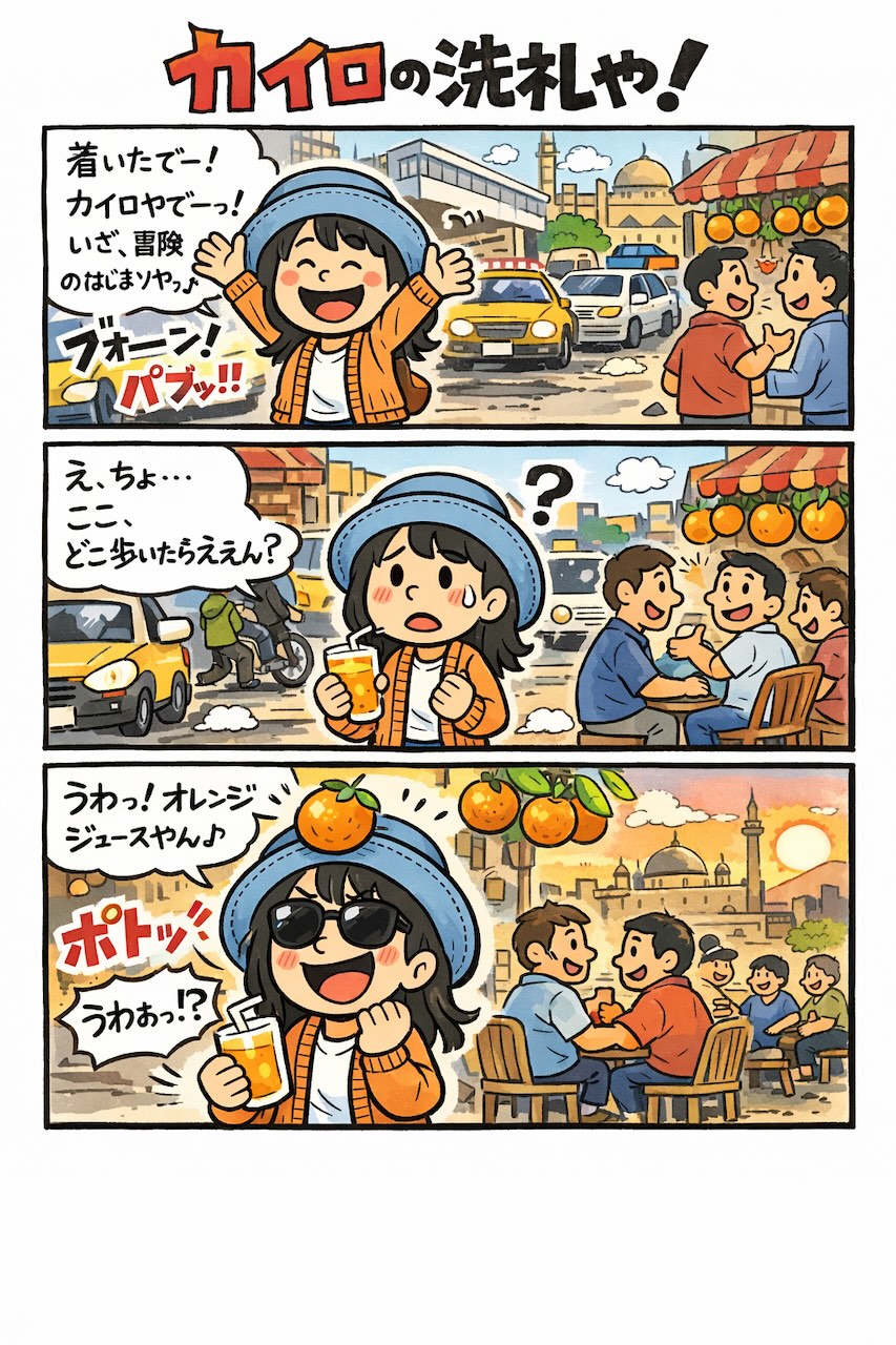 カイロの混沌を描いた4コマ漫画。オレンジジュースに喜ぶAppyの頭に、オレンジが落ちてくる。
