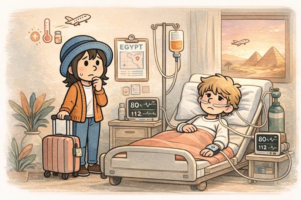 エジプト旅行からの帰国後、相方が高熱で入院。心配そうに見守るAppyと病室の様子。酸素濃度の低下や点滴の描写も。