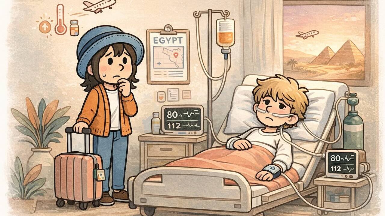 エジプト旅行からの帰国後、相方が高熱で入院。心配そうに見守るAppyと病室の様子。酸素濃度の低下や点滴の描写も。