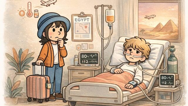 エジプト旅行からの帰国後、相方が高熱で入院。心配そうに見守るAppyと病室の様子。酸素濃度の低下や点滴の描写も。