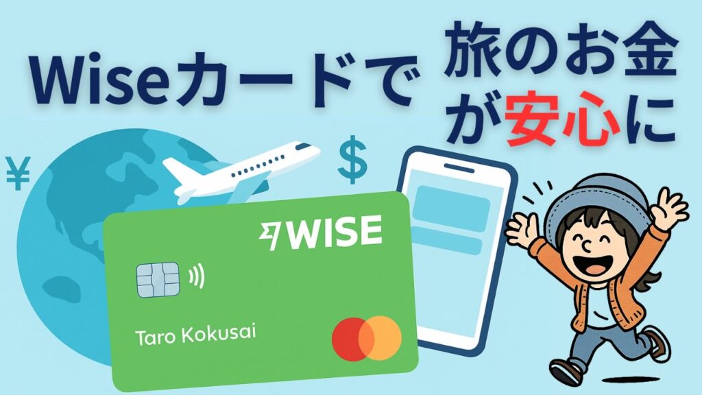Wiseカードのイラスト。世界地図と飛行機、スマートフォンと通貨マークに囲まれたグリーンのMastercardデビットカードが描かれ、「Wiseカードで旅のお金が安心に」という日本語タイトルが表示されている