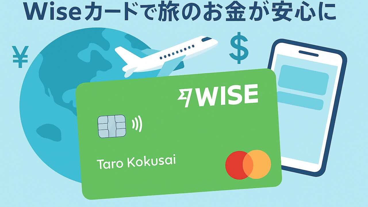 Wiseカードのイラスト。世界地図と飛行機、スマートフォンと通貨マークに囲まれたグリーンのMastercardデビットカードが描かれ、「Wiseカードで旅のお金が安心に」という日本語タイトルが表示されている
