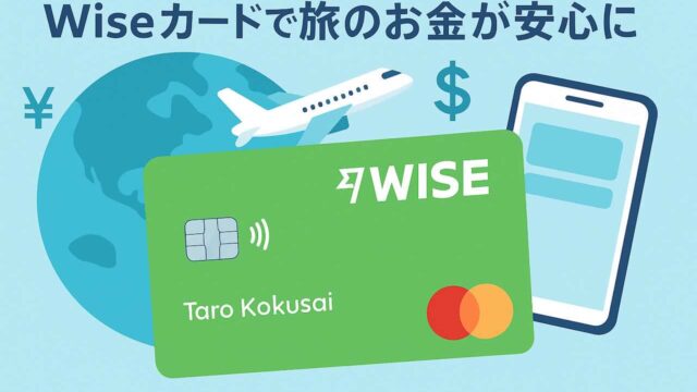 Wiseカードのイラスト。世界地図と飛行機、スマートフォンと通貨マークに囲まれたグリーンのMastercardデビットカードが描かれ、「Wiseカードで旅のお金が安心に」という日本語タイトルが表示されている
