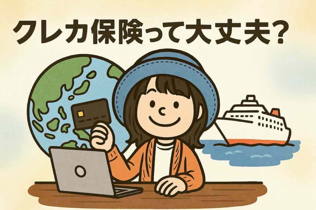 青い帽子のAppyがクレジットカードを掲げて笑顔。横に『クレカ保険で大丈夫？』と描かれた吹き出し。安心感と旅行保険をイメージしたイラスト。