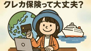 青い帽子のAppyがクレジットカードを掲げて笑顔。横に『クレカ保険で大丈夫？』と描かれた吹き出し。安心感と旅行保険をイメージしたイラスト。