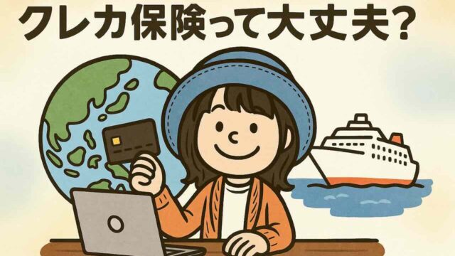 青い帽子のAppyがクレジットカードを掲げて笑顔。横に『クレカ保険で大丈夫？』と描かれた吹き出し。安心感と旅行保険をイメージしたイラスト。