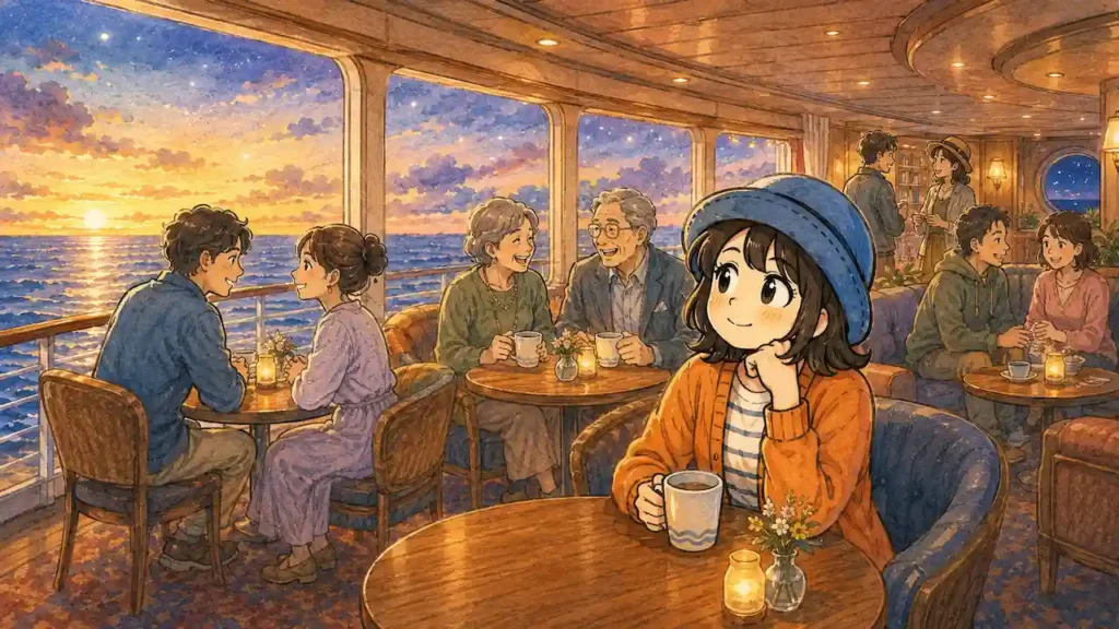 ピースボートの100日間の船旅で生まれる出会いや恋愛を描いた船内ラウンジのイラスト