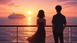 ピースボートのデッキで夕日を眺める男女のシルエット。海に沈む夕日とクルーズ船の遠景が、旅先で芽生える恋の雰囲気を表現している。