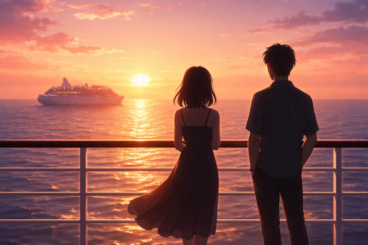 ピースボートのデッキで夕日を眺める男女のシルエット。海に沈む夕日とクルーズ船の遠景が、旅先で芽生える恋の雰囲気を表現している。