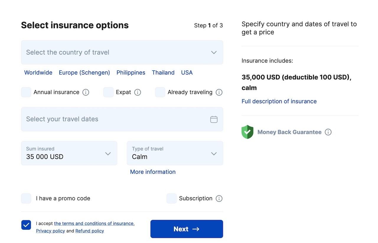 AURAS travel insurance application screen Step 1 (English UI). Displays Worldwide/Europe options, Already traveling, Expat, Annual insurance, and the Subscription checkbox in the updated 2025 interface.