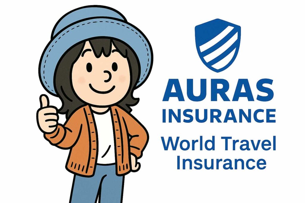 AURAS Insurance logo with traveler illustration and long-term travel insurance review title