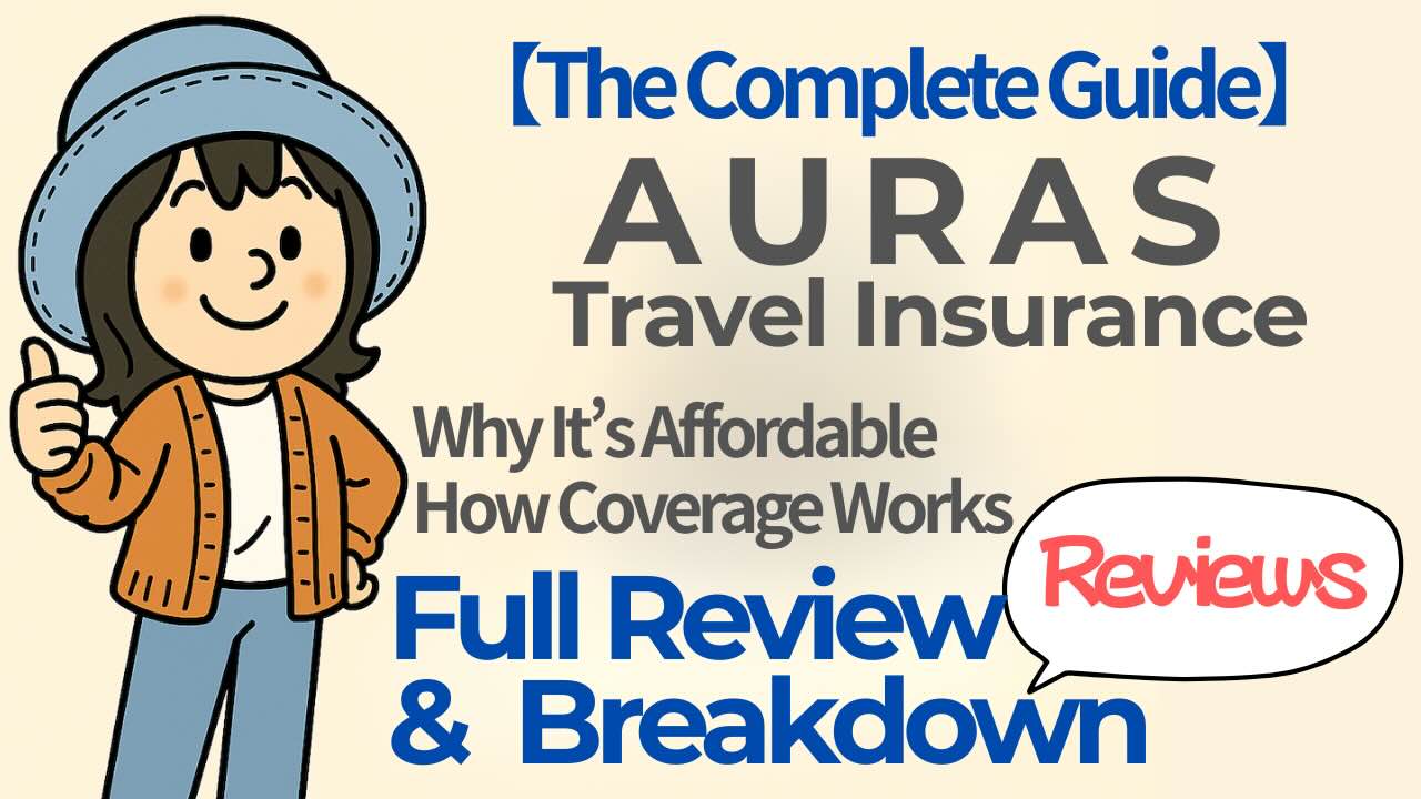Illustration of Appy wearing an orange cardigan and blue hat, giving a thumbs-up next to the text: “The Complete Guide – AURAS Travel Insurance: Why It’s Affordable, How Coverage Works, Reviews, Full Review & Breakdown.”