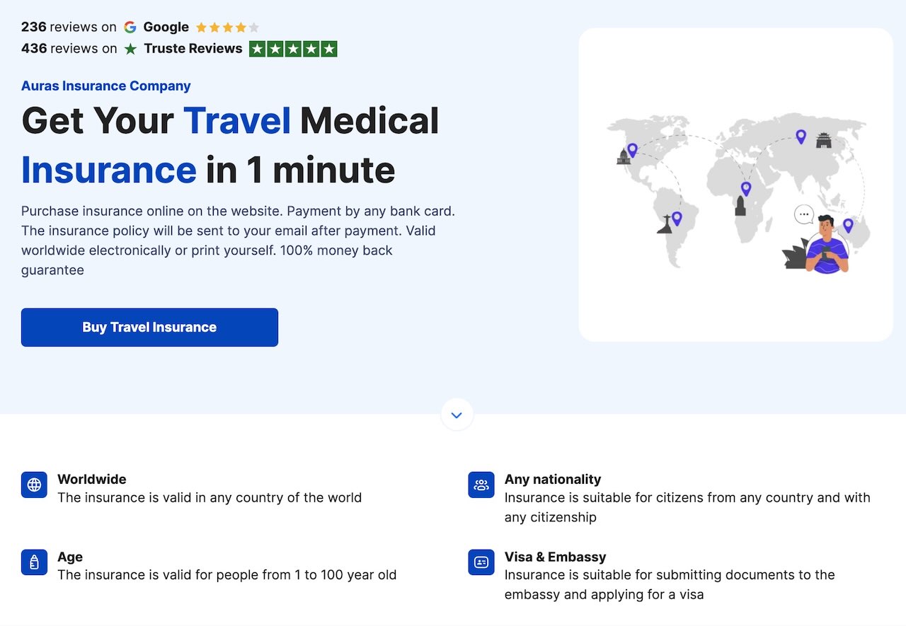 AURAS official travel medical insurance top page (English UI). Shows the 1-minute signup feature, worldwide coverage, eligibility for ages 1 to 100, and support for all nationalities.