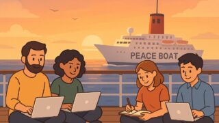 noteで発信するピースボート乗船者を紹介するイラスト。船上でノートPCや手帳を広げて執筆する様子。