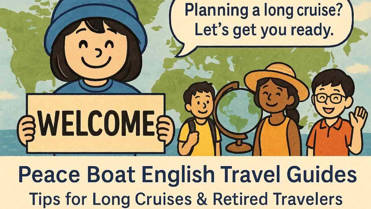 A smiling woman in a blue hat welcomes three diverse travelers with a “Welcome” sign, set against a world map background and a speech bubble reading, “Planning a long cruise? Let’s get you ready.”