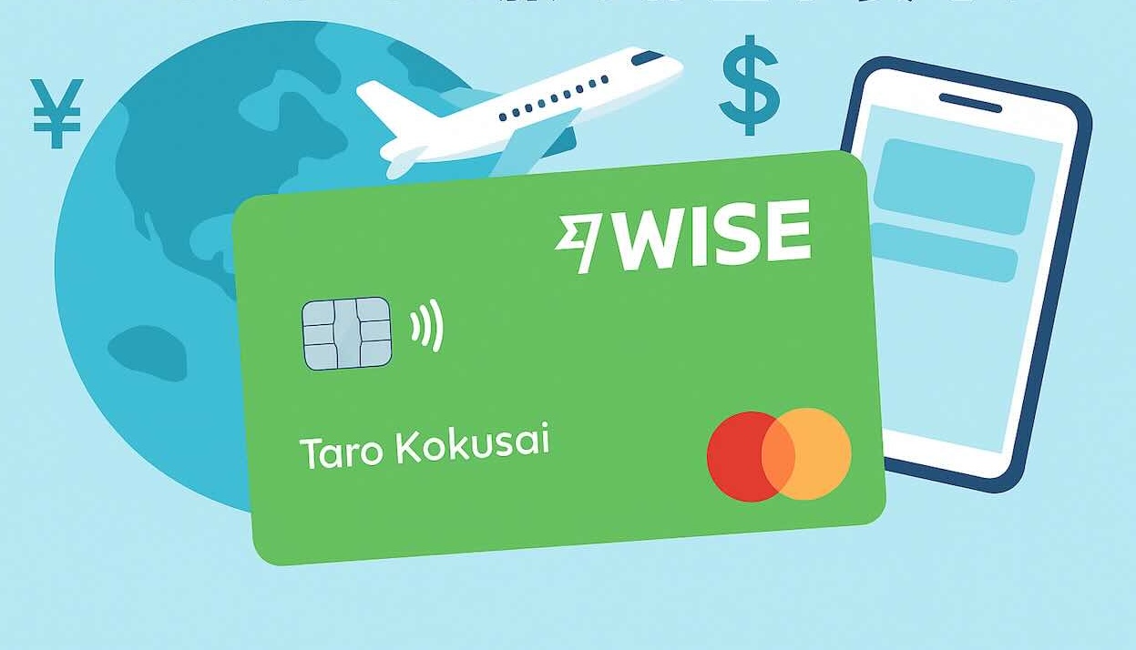 Illustration of a Wise Mastercard with travel icons like a globe, airplane, and smartphone, representing global usage and mobile control.