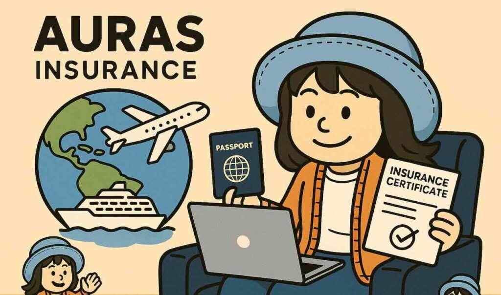 AURAS海外旅行保険を利用するノマド旅行者のイラスト。空港で保険証明書を持ち、世界を旅する姿。