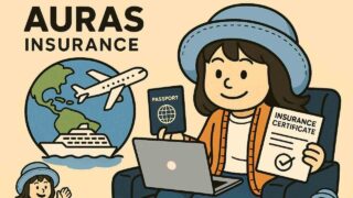 AURAS海外旅行保険を利用するノマド旅行者のイラスト。空港で保険証明書を持ち、世界を旅する姿。
