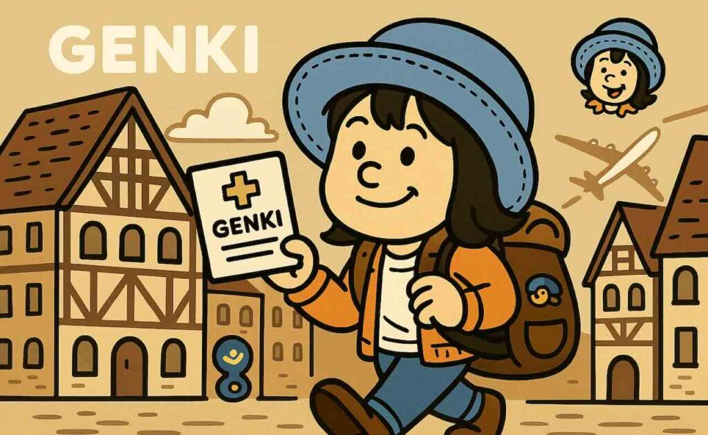 Genki海外旅行保険のイラスト。ヨーロッパの街並みでバックパッカーが保険証明書を手にしている。